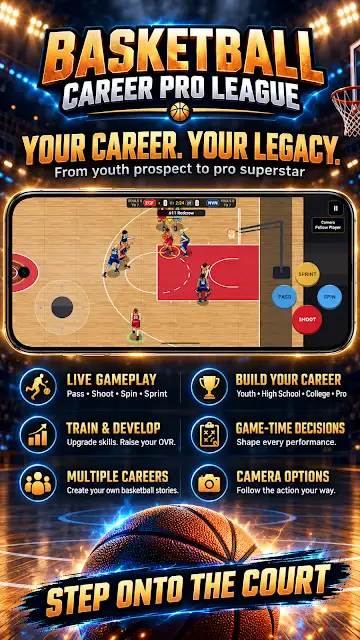 Basketball Career Pro League store image showing an overhead court view with on-screen movement and action buttons, above feature tiles for live gameplay, training, multiple careers and camera options.