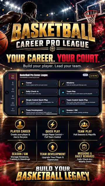 Basketball Career Pro League store image of the career menu, with tiles for player career, quick play, team play, season and GM, team development, and missions and daily rewards.