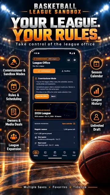 Basketball League Sandbox store image of the League Office screen in Commissioner Mode, with season progress and the next game, beside labels for season calendar, league history and league expansion.