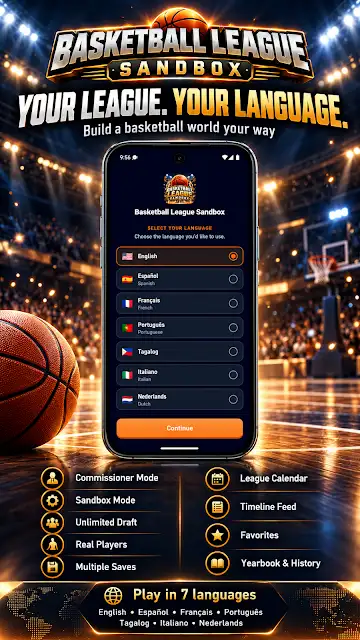 Basketball League Sandbox store image of the language selection screen, offering English, Spanish, French, Portuguese, Tagalog, Italian and Dutch.