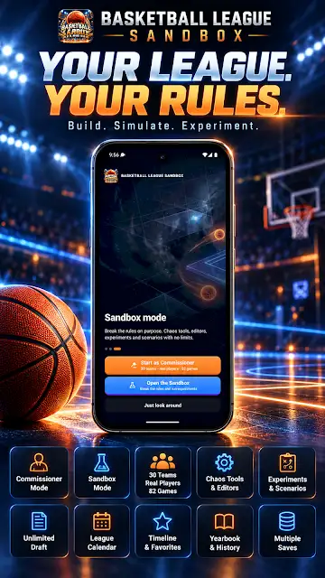 Basketball League Sandbox store image of the start screen offering Start as Commissioner or Open the Sandbox, above tiles for chaos tools and editors, experiments and scenarios, and multiple saves.