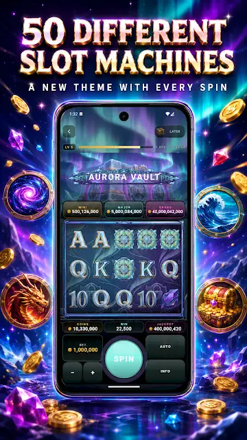 BIG JACKPOT Casino Slots Games store image of a slot machine reel screen with playing-card symbols and a spin button, headed 50 different slot machines.