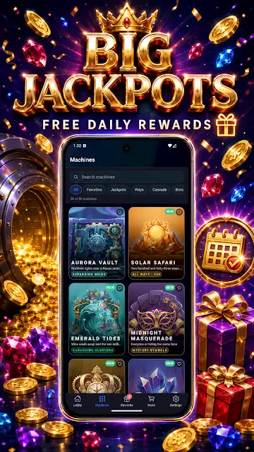 BIG JACKPOT Casino Slots Games store image of the machine selection lobby with themed machine tiles, headed Big jackpots, free daily rewards.