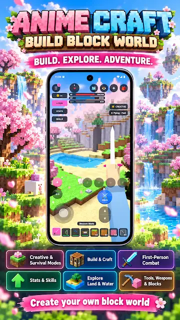 Block World RPG Craft & Build store image, titled Anime Craft in game, showing a block landscape with pink cherry-blossom trees and water, above tiles for creative and survival modes, building and crafting, and first-person combat.
