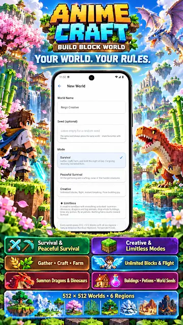 Block World RPG Craft & Build store image of the new-world settings screen, beside a pixel-art adventurer and dragon, with tiles for survival and peaceful modes and unlimited blocks with flight.