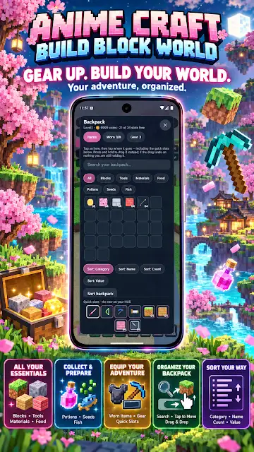 Block World RPG Craft & Build store image of the backpack and inventory screen, headed Gear up, build your world.