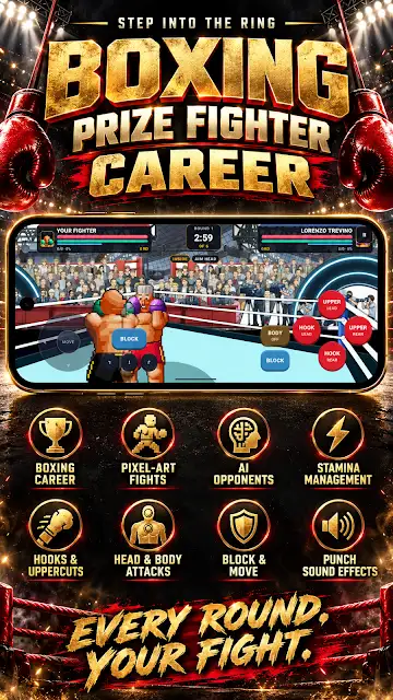 Boxing Prize Fighter Career store image showing a pixel-art bout in the ring with on-screen punch buttons, above tiles for career, opponents, stamina, hooks and uppercuts, and blocking.