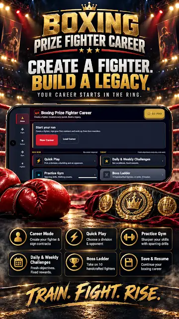 Boxing Prize Fighter Career store image of the main menu headed Create a fighter, build a legacy, with tiles for career mode, quick play, practice gym, daily and weekly challenges and the Boss Ladder.