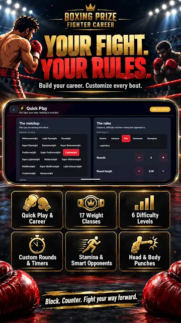 Boxing Prize Fighter Career store image of the Quick Play setup screen, with tiles for weight classes, difficulty levels, custom rounds and timers, and head and body punches.