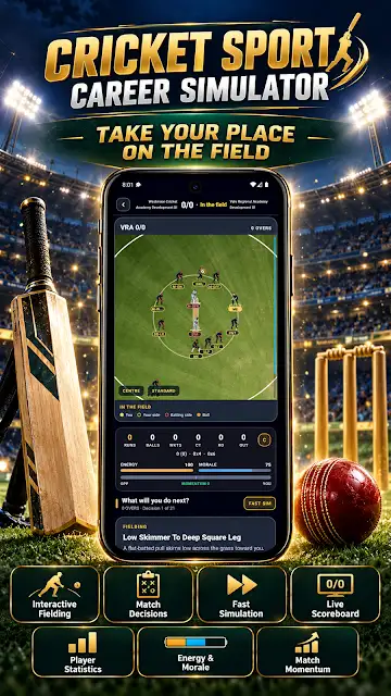 Cricket Sport Career Simulator store image showing a match screen with an overhead cricket field and live stats, above tiles for interactive match decisions, field view, fast simulation and energy and morale.