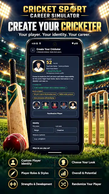 Cricket Sport Career Simulator store image of the Create your cricketer screen, with options for appearance, role and style, overall and potential, and randomising a player.