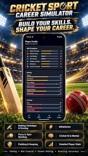 Cricket Sport Career Simulator store image of a player profile with skill bars, above tiles for batting technique, pace and spin bowling, fielding and keeping, and cricket IQ.