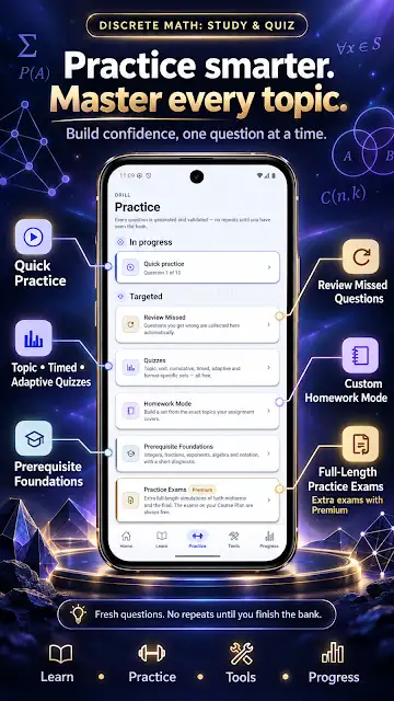 Discrete Math: Study & Quiz store image of the practice screen, with quick practice, topic, timed and adaptive quizzes, review of missed questions and custom homework mode.
