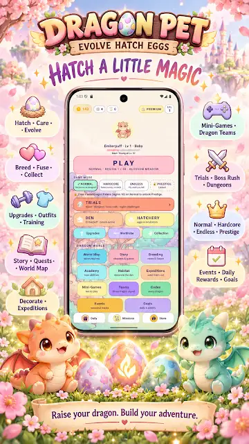 Dragon Pet Evolve Hatch Eggs store image headed Hatch a little magic, showing the play menu surrounded by pastel baby dragons and a decorated egg.