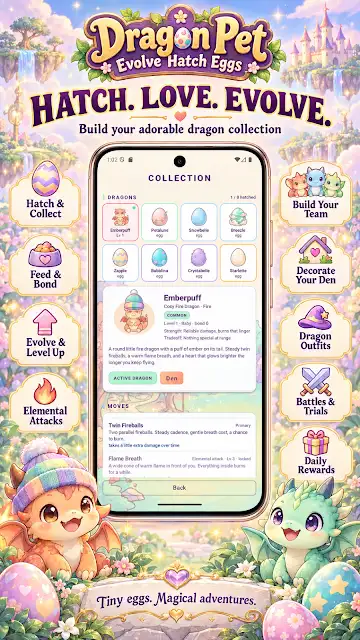 Dragon Pet Evolve Hatch Eggs store image of the dragon collection screen, headed Hatch, love, evolve, with tiles for hatching, feeding, evolving and elemental attacks.