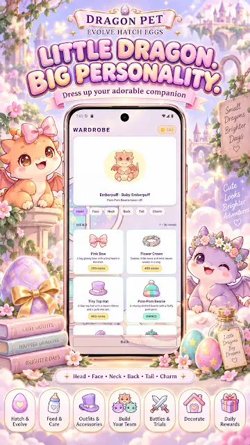 Dragon Pet Evolve Hatch Eggs store image of the wardrobe screen for dressing up a dragon, headed Little dragon, big personality.
