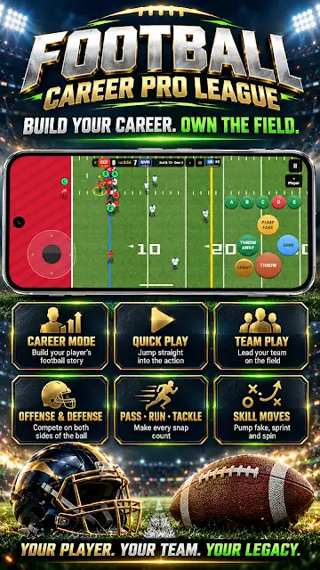 Football Career Pro League store image showing an overhead field with on-screen controls above tiles for career mode, quick play, team play, offense and defense, and skill moves.