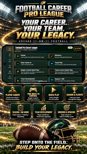 Football Career Pro League store image of the career hub, labelled arcade 11-on-11 football, with tiles for player career, quick play, season and playoffs, and team development.