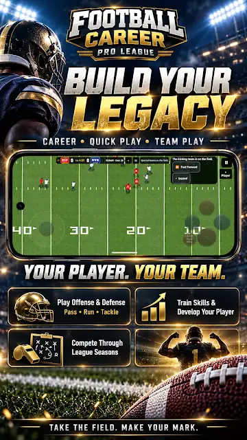 Football Career Pro League store image headed Build your legacy, showing a side-on field view and tiles for playing offense and defense and training skills.