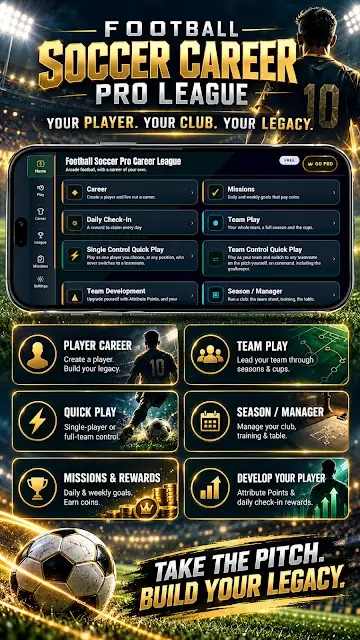 Football Career Soccer League store image of the career hub, with tiles for player career, team play, quick play, season and manager, and missions and rewards.
