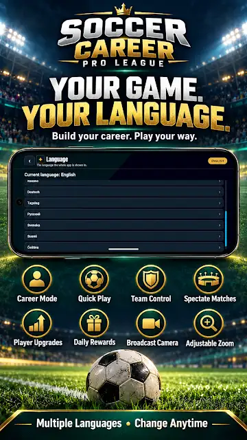 Football Career Soccer League store image of the language selection screen, headed Your game, your language.