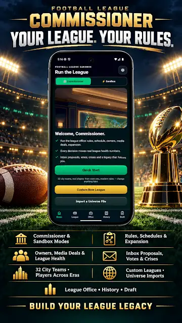Football League Commissioner store image of the Run the League screen with commissioner and sandbox tabs, above tiles for owners and media deals, rules and schedules, and custom leagues.