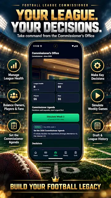 Football League Commissioner store image of the Commissioner’s Office, showing league health, owner, player and fan scores, a commissioner agenda and a Simulate Week button.