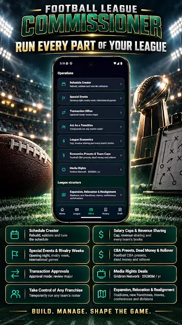 Football League Commissioner store image of the operations menu, listing a schedule creator, special events, transaction approvals, league economics and expansion, relocation and realignment.