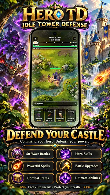 Hero TD Idle Tower Defense store image showing a battlefield map with a wave counter, above tiles for 50-wave battles, hero skills, powerful spells and ultimate abilities.
