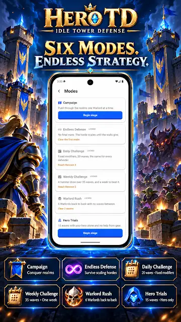 Hero TD Idle Tower Defense store image of the mode select screen, headed Six modes, endless strategy, with tiles for campaign, endless defense and daily and weekly challenges.