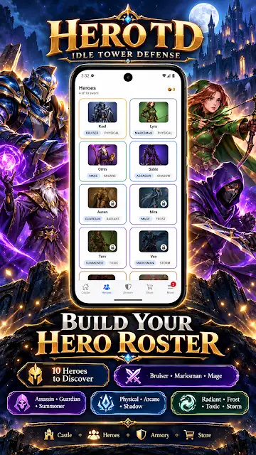 Hero TD Idle Tower Defense store image of the hero roster grid, headed Build your hero roster.