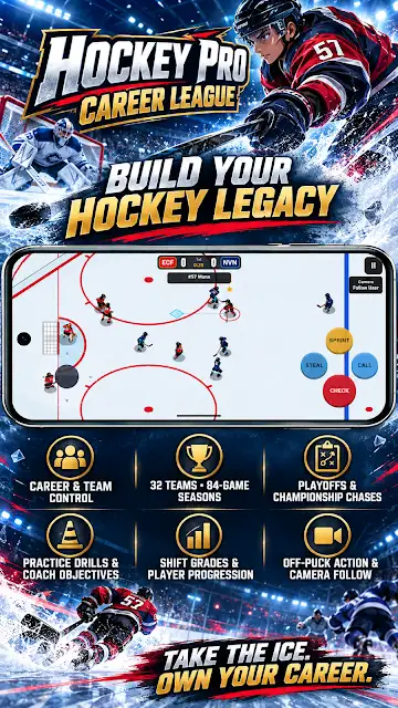 Hockey Career Pro League Game store image, titled Hockey Pro Career League in game, showing an overhead rink with on-screen controls above tiles for career and team control, 32 teams and 84-game seasons, and shift grades.