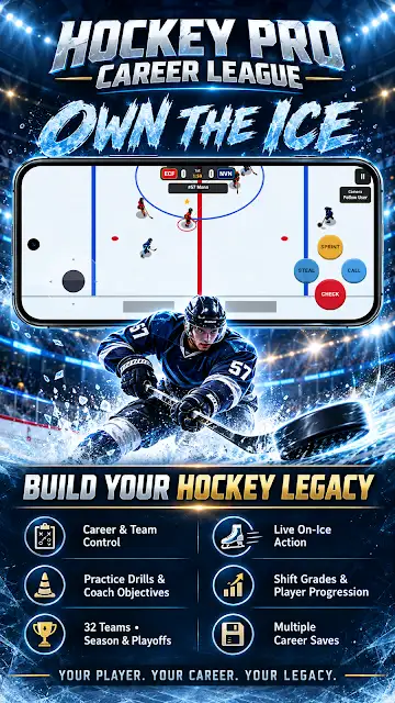 Hockey Career Pro League Game store image headed Own the ice, with a rink view and a list of features including practice drills, coach objectives and multiple career saves.