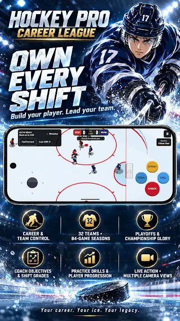 Hockey Career Pro League Game store image headed Own every shift, showing gameplay on the rink and tiles for coach objectives, shift grades and playoffs.
