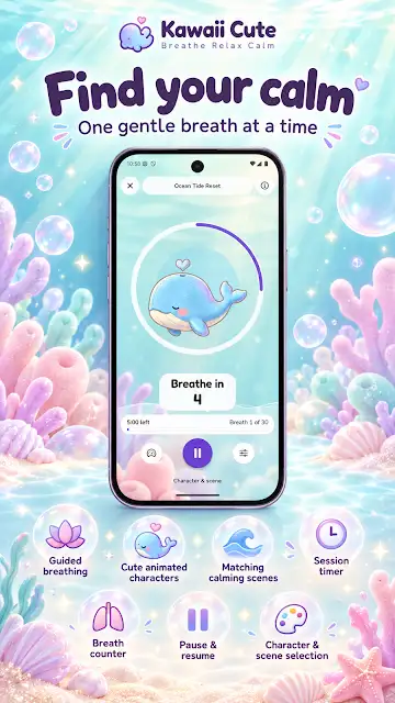 Kawaii Cute Breathe Relax Care store image of a breathing session with a cute whale guide inside a progress ring and a Breathe in prompt, headed Find your calm.