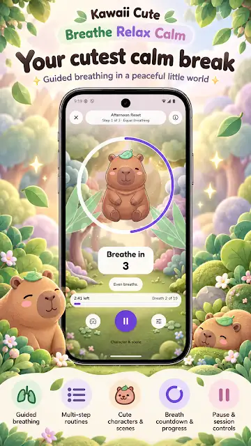Kawaii Cute Breathe Relax Care store image of a breathing session with a capybara guide in a garden scene, headed Your cutest calm break.