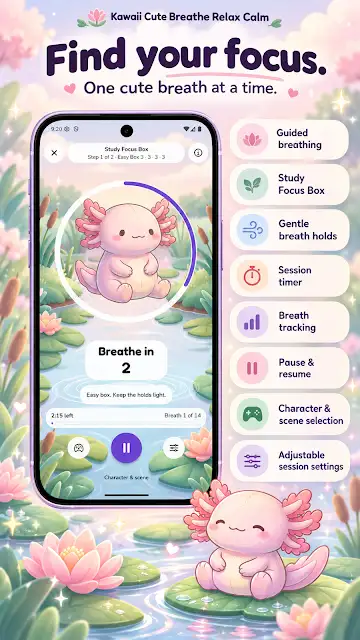 Kawaii Cute Breathe Relax Care store image of a session with an axolotl guide, headed Find your focus, with options for study focus, gentle breath holds and a session timer.