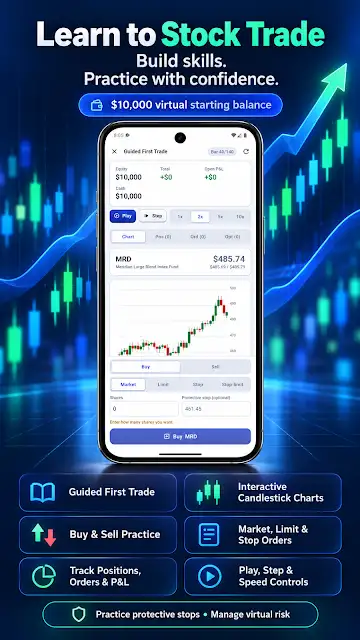 Learn to Trade Stocks Beginner store image of a practice portfolio with a price chart and a virtual starting balance, above tiles for a guided first trade, market, limit and stop orders, and tracking positions and profit and loss.