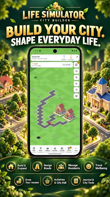 Life Simulator: City Builder store image showing a town being laid out on a green map with a road and houses, above tiles for build and expand, design roads, manage residents and track wellbeing.