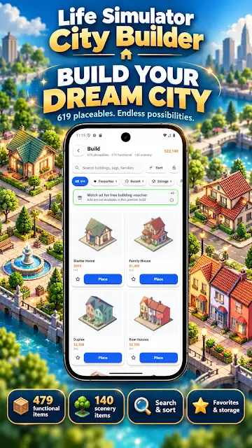 Life Simulator: City Builder store image of the build catalogue with house options to place, headed Build your dream city.