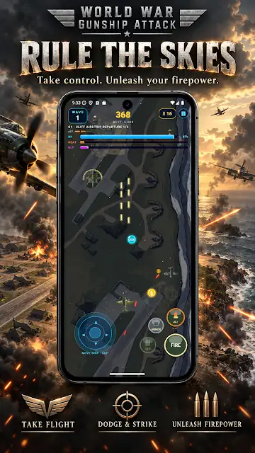 World War Gunship Attack store image of an overhead air-combat mission with on-screen controls, headed Rule the skies.