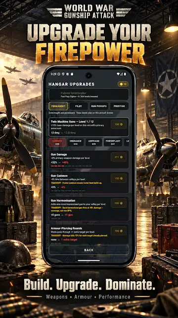 World War Gunship Attack store image of the hangar upgrades screen, headed Upgrade your firepower, covering weapons, armour and performance.