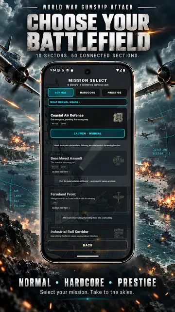 World War Gunship Attack store image of the mission select screen, headed Choose your battlefield, with Normal, Hardcore and Prestige difficulty.
